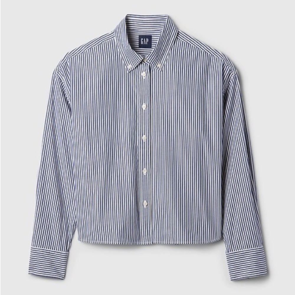 GAP Organic Cotton Poplin Cropped Button Down Navy & White Striped Shirt XS